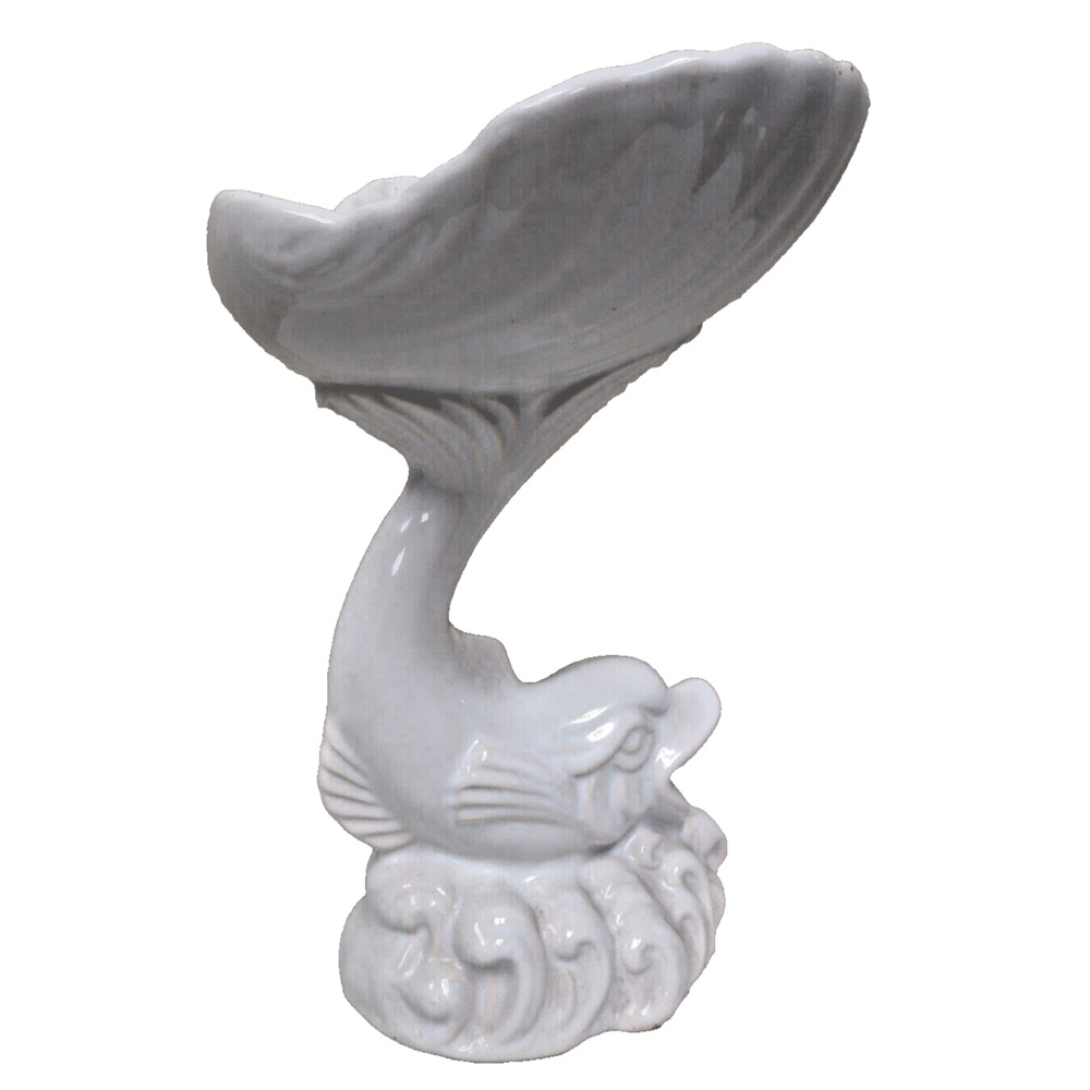 Vintage White Dolphin Fish W/ Raised Shell Dish Bowl Trinket Candy Soap MCM